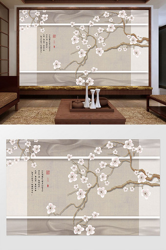 中式玉兰花工笔花鸟背景墙装饰画图片