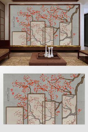 新中式手绘梅花花鸟电视背景墙