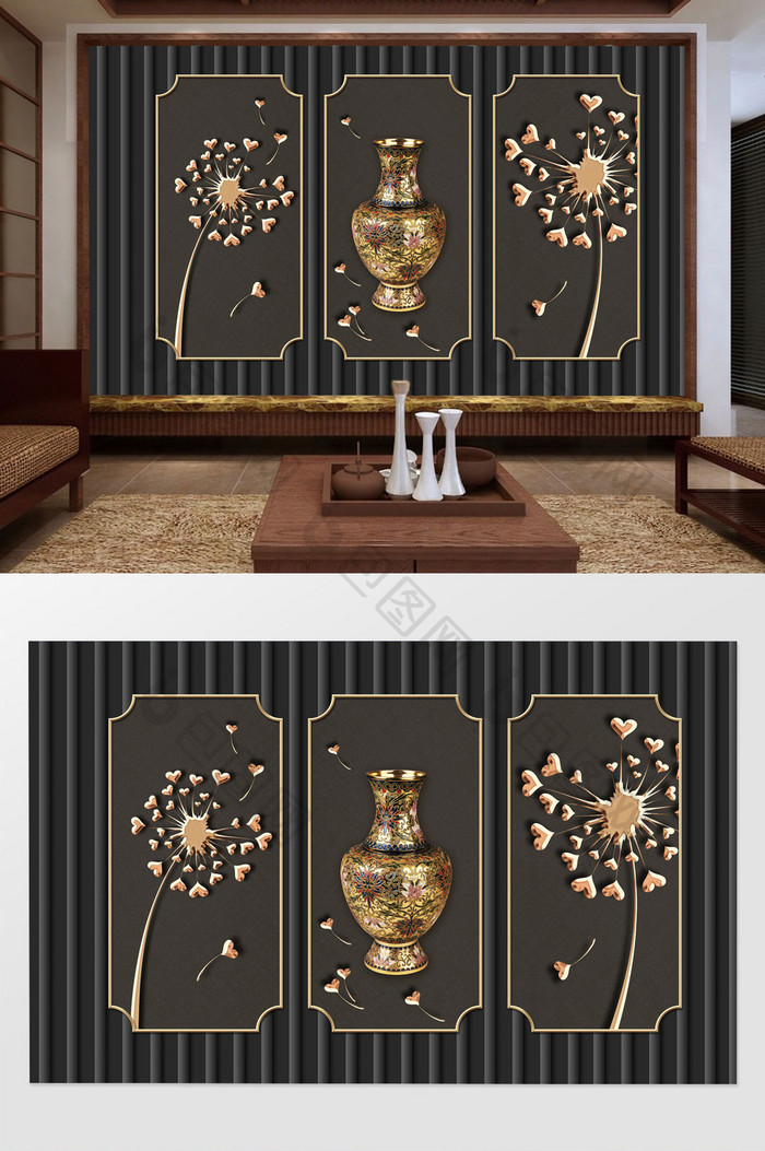 中式大气抽象花朵花瓶花瓣深色时尚背景墙