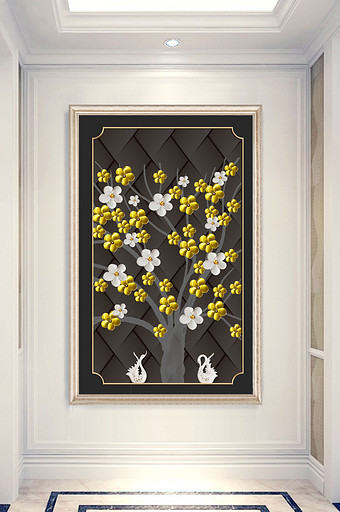 中式大气时尚金色花朵花枝深色客厅玄关画图片