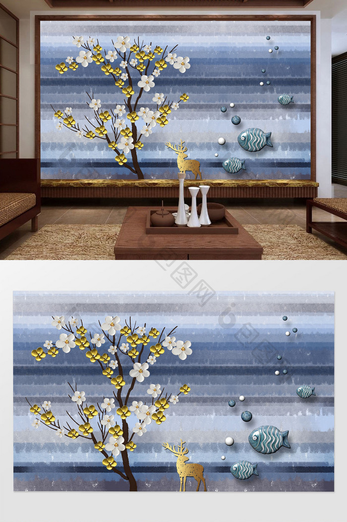 中式蓝色涂鸦金色花朵树麋鹿鱼客厅背景墙