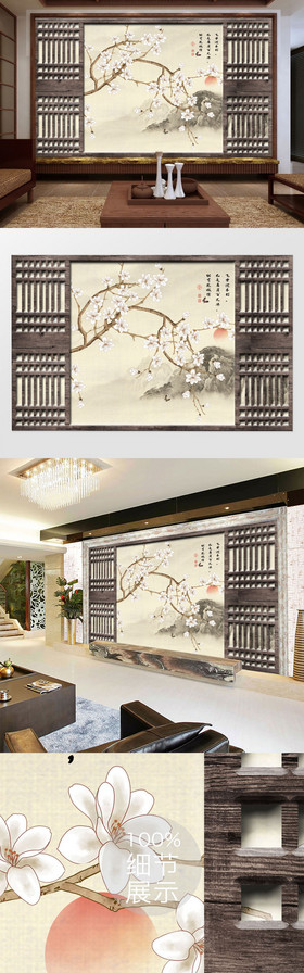 手绘门框玉兰花鸟背景墙装饰画