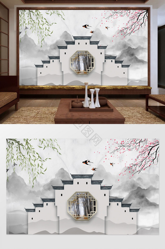 中式水墨山徽派古建筑柳树桃花花枝背景墙图片