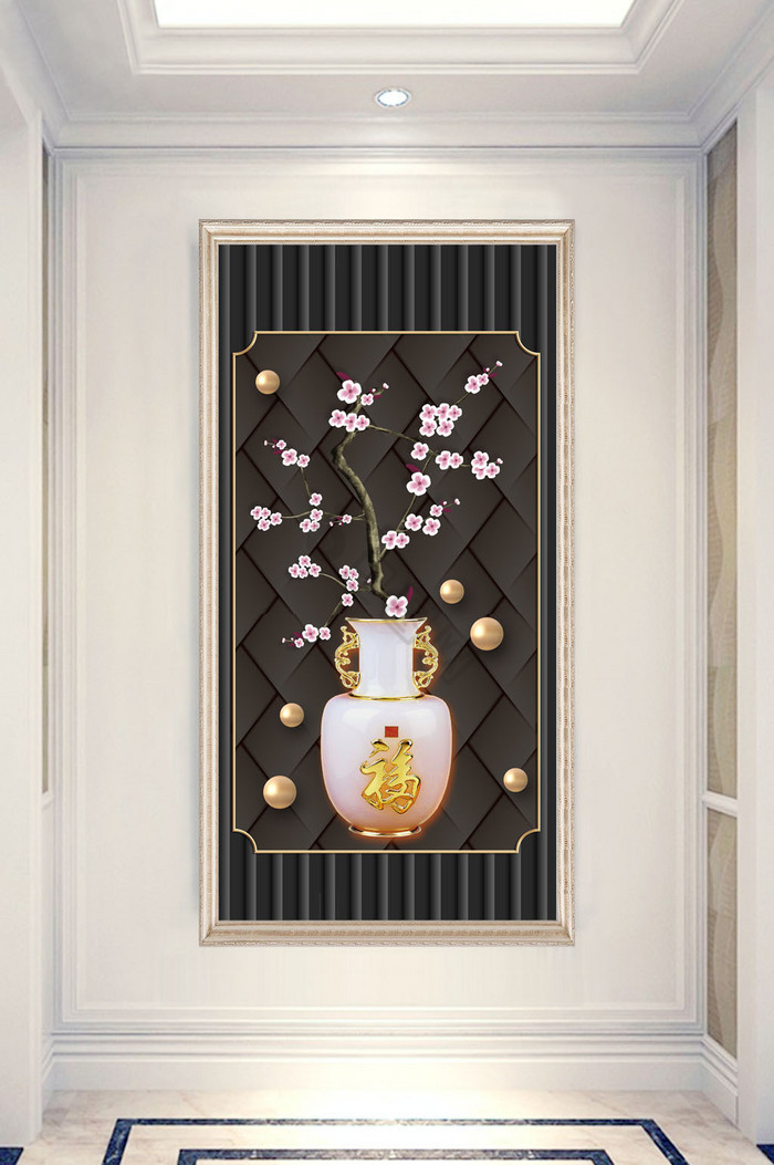 中式大气花瓶梅花花枝珍珠黑色玄关背景图片