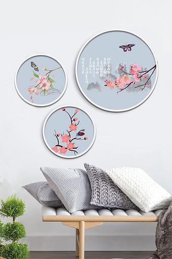 中式小清新粉色花枝书法花卉鸟客厅装饰画图片