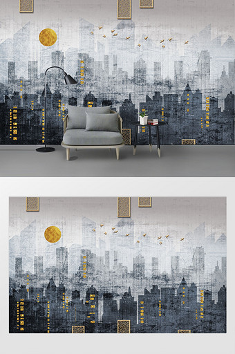 现代时尚创意涂鸦城市背景剪影金箔背景墙图片