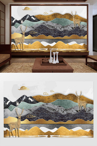 中式大气金色大理石几何山麋鹿祥云背景墙图片