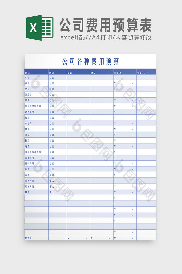 公司各种费用预算表Excel模板