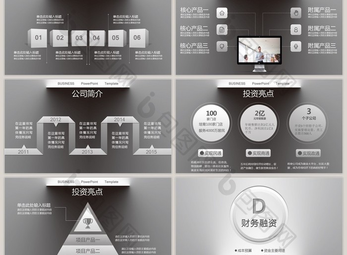 黑灰简约质感商业融资创业计划书PPT模板