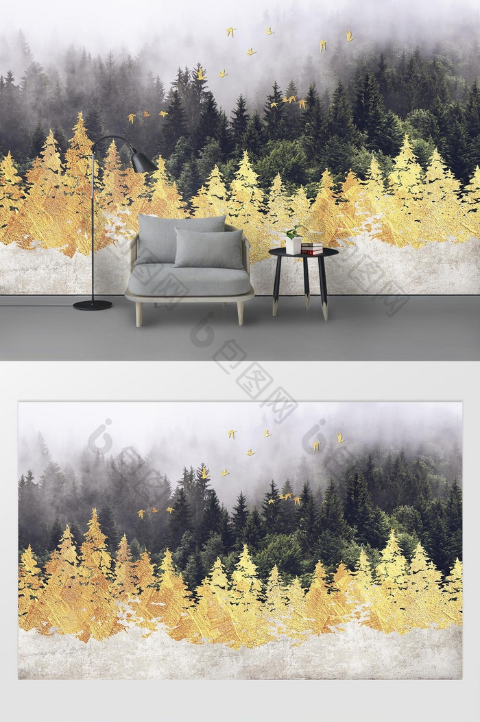 新现代简约手绘金色树林飞鸟抽象背景墙