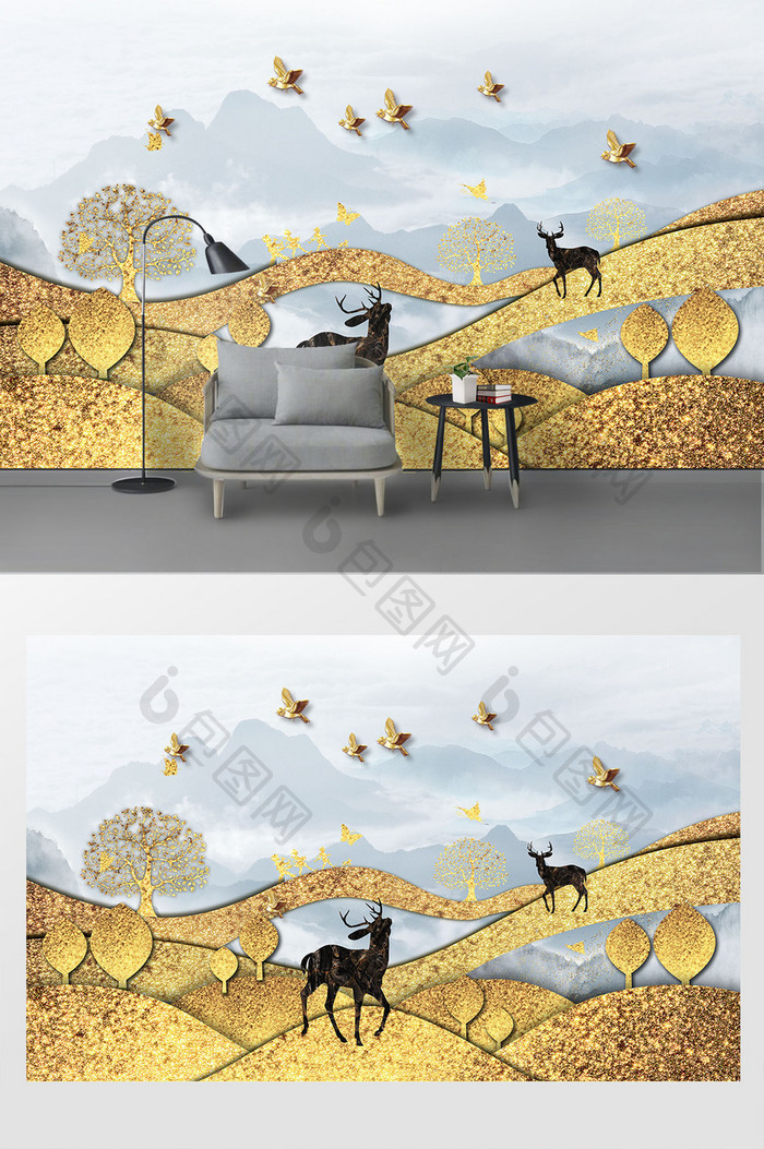 抽象金色山水风景麋鹿背景墙装饰画