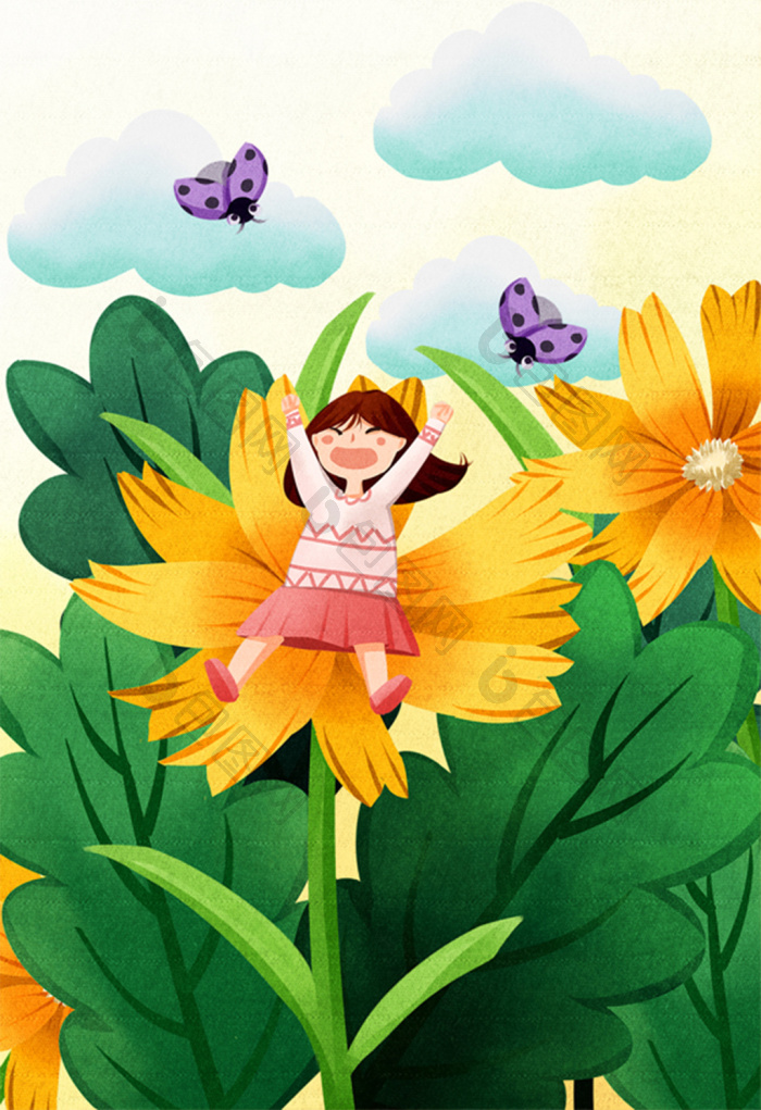 节气惊蛰花中女孩苏醒插画图片