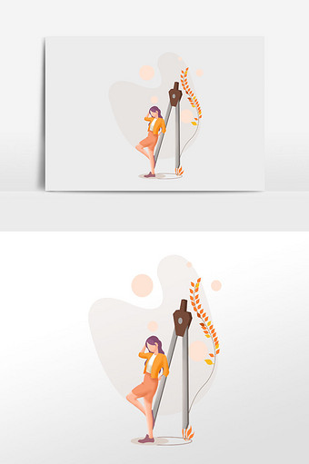 橙色扁平商务创意靠着圆规站立的女白领图片