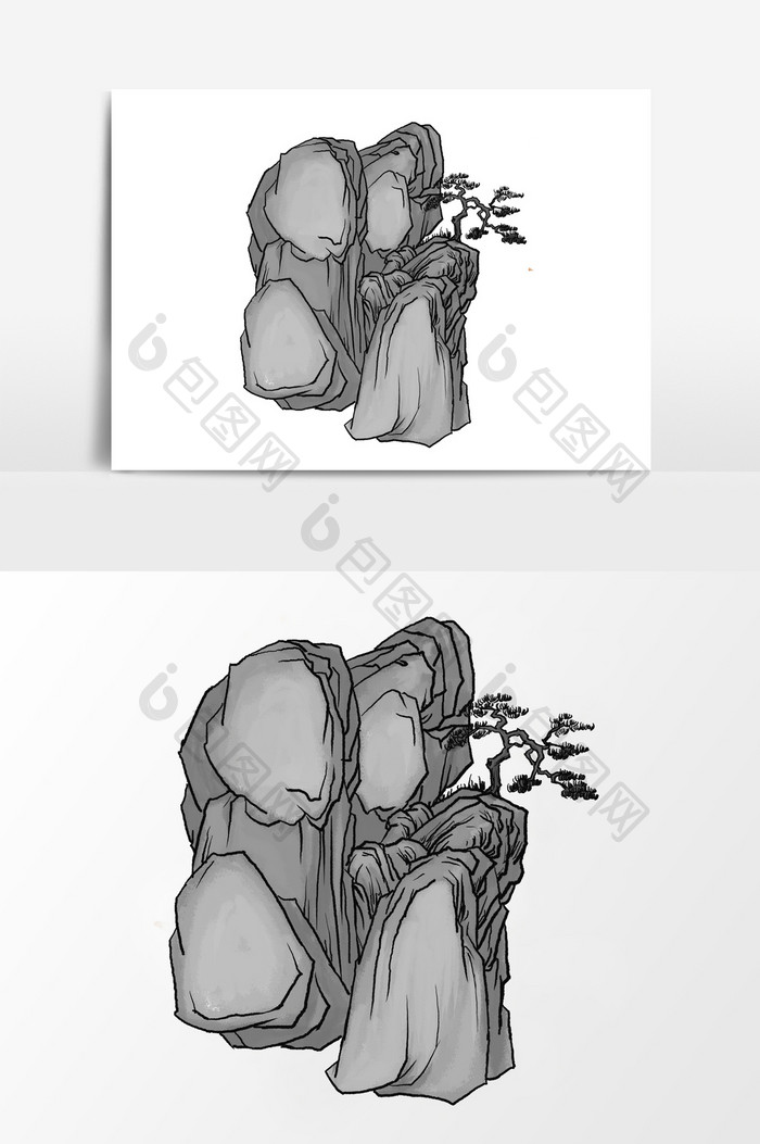 水墨画岩石山峰元素