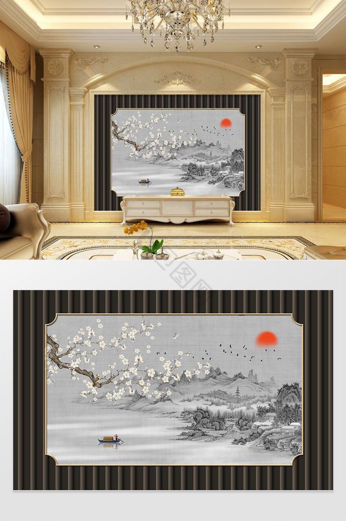 中式意境花枝鸟房屋鸟太阳大气灰色背景墙图片
