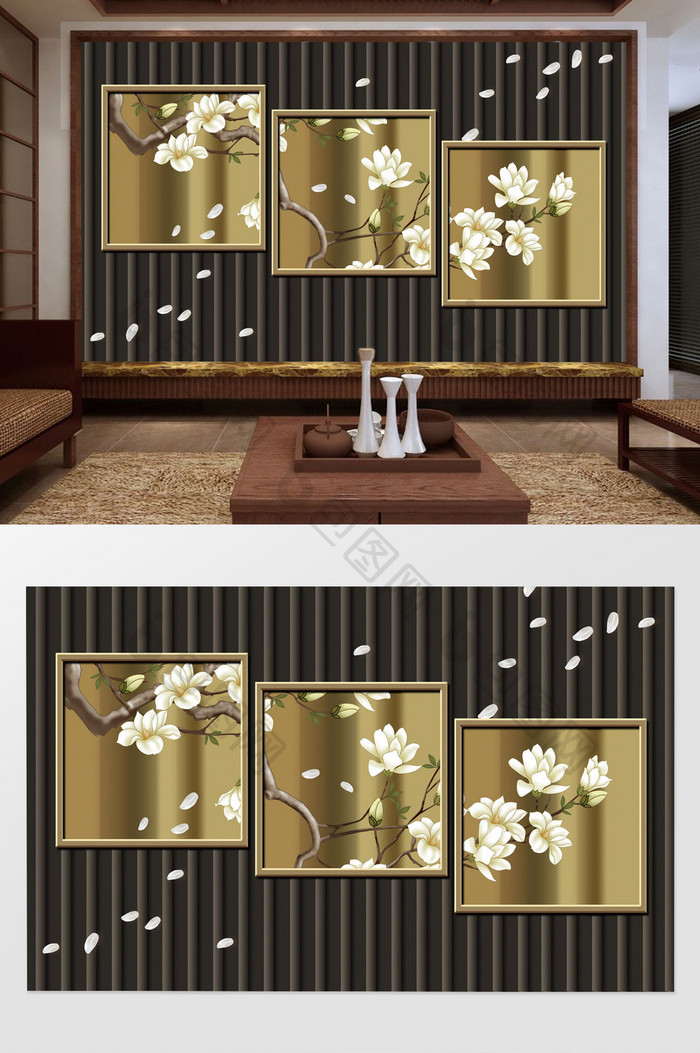 中式简洁大气金色几何玉兰花黑色时尚背景墙