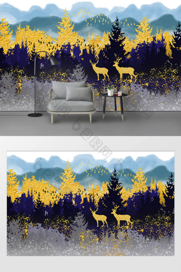 北欧森林麋鹿抽象风景背景墙