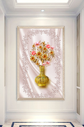 中式时尚大气金色花朵牡丹花花瓶玄关背景图片