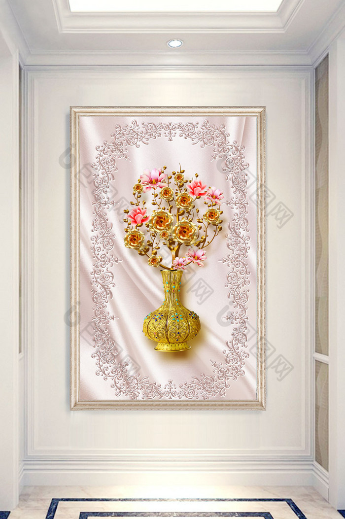 中式时尚大气金色花朵牡丹花花瓶玄关背景图片图片