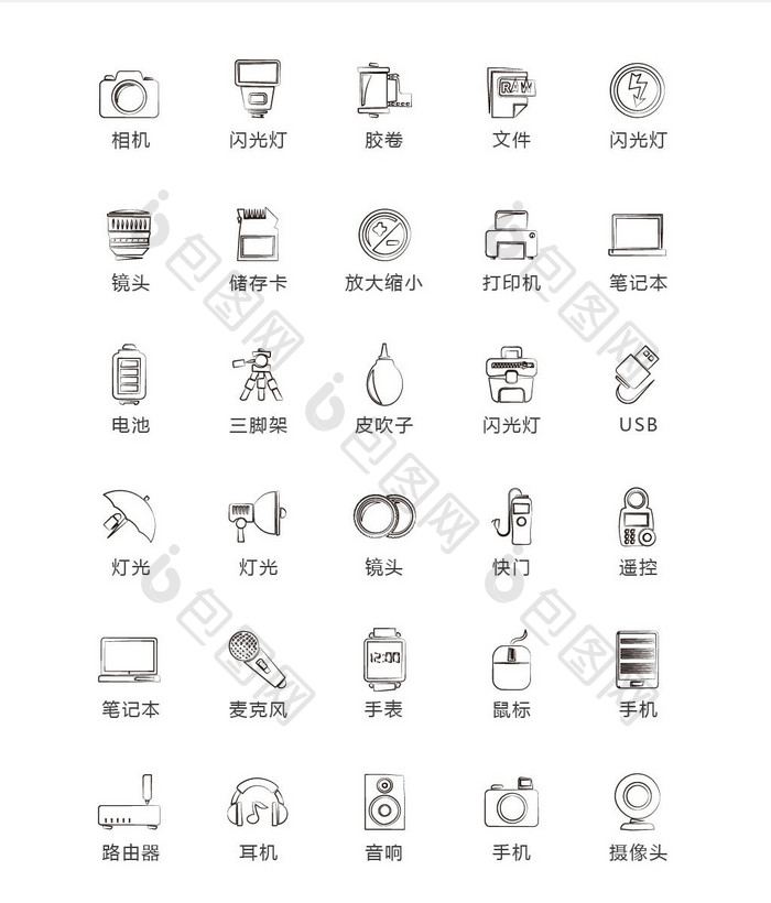 黑白手绘相机器材图标矢量UI素材icon