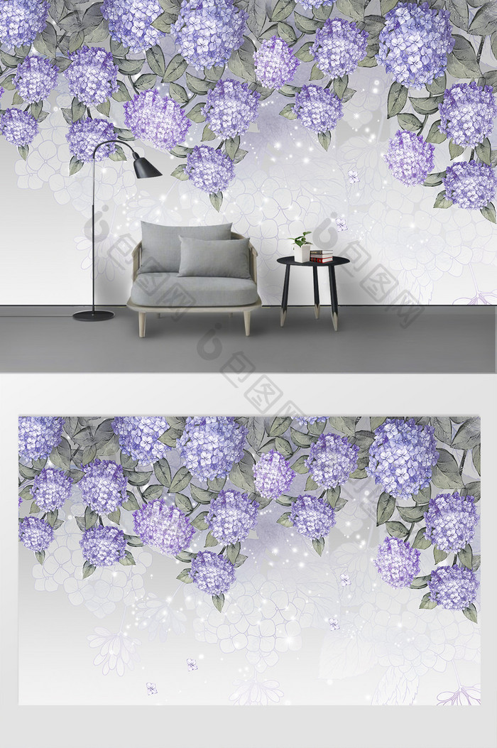 现代简约唯美淡紫色紫藤花朵背景墙