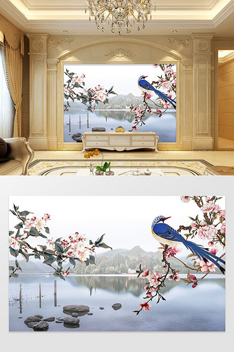 中式富贵花孔雀江水小船背景墙图片