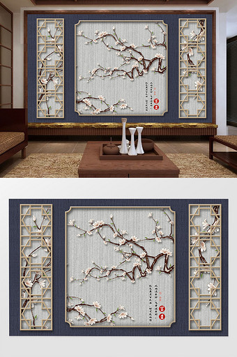 创意新中式手绘工笔花鸟背景墙装饰画图片