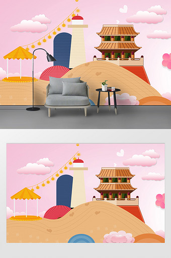 北欧现代粉色小清新浪漫卧室背景墙图片