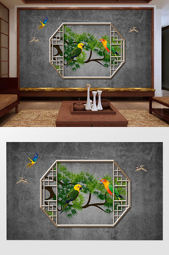 中式树枝小鸟古墙背景墙图片