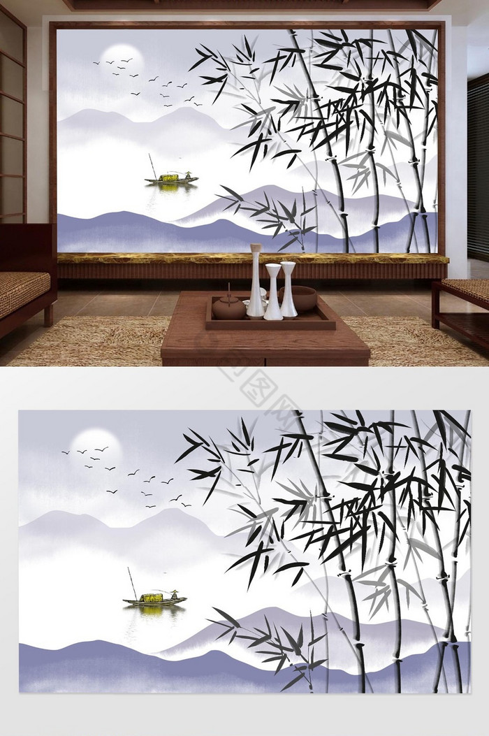 中式水墨竹子山水背景装饰画图片