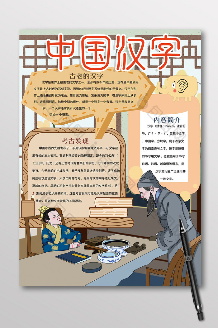 竖版中国风中国汉字识字小报