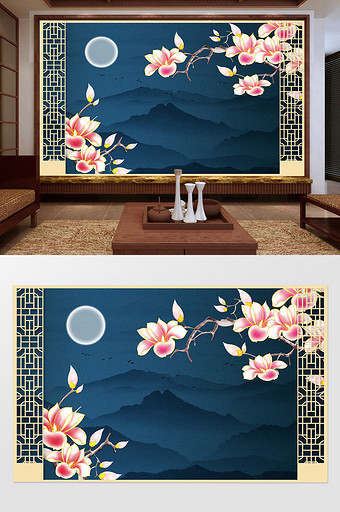 中式水墨山水玉兰花古典客厅背景墙图片