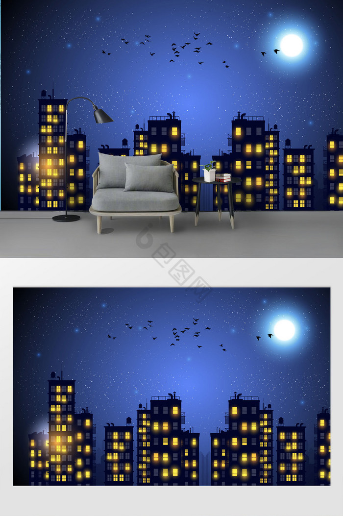 儿童房卡通画夜空高楼月亮鸟星星蓝色背景墙