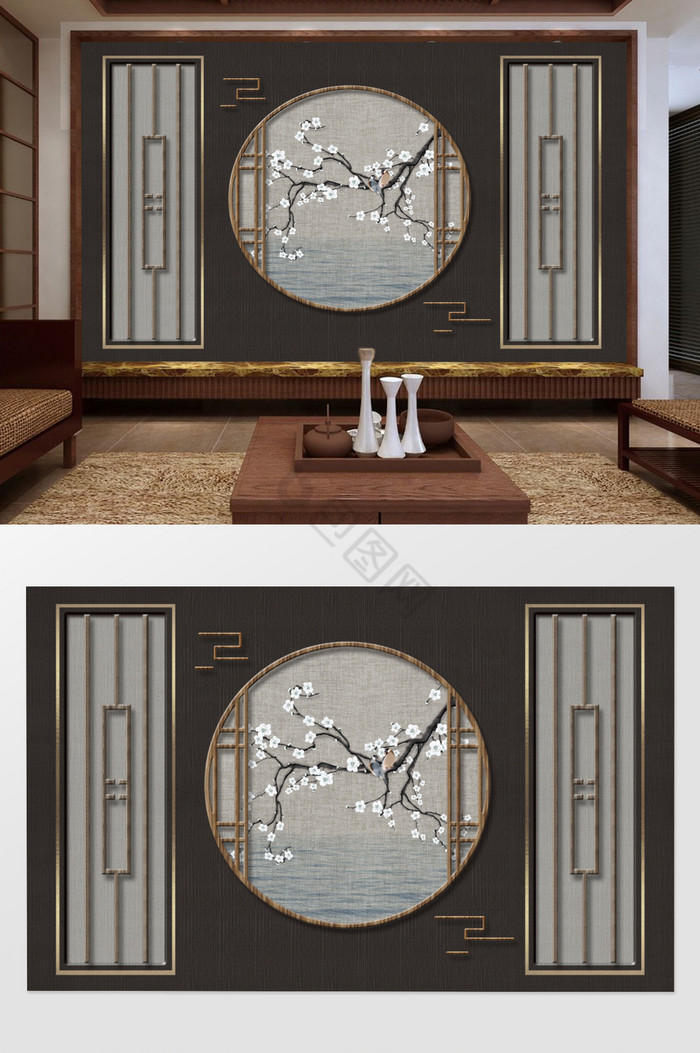 中式手绘工笔花鸟背景墙图片