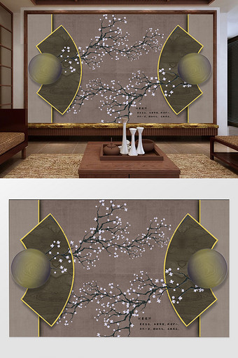 中式手绘玉兰花鸟背景墙图片
