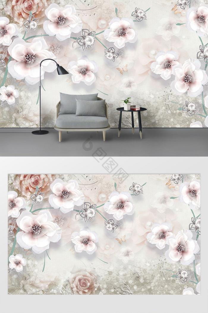 现代艺术白色花朵卧室背景墙图片