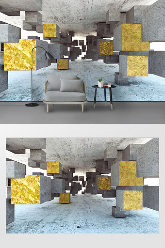 后现代立体金色几何卧室客厅背景墙图片