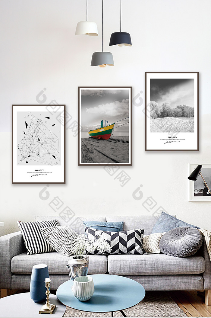 北欧风创意黑白海岸线森林风景客厅装饰画图片图片