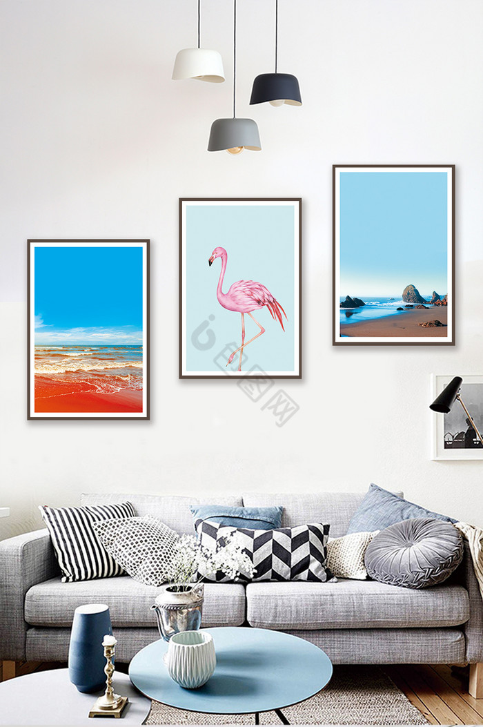 简欧海岸线礁石火烈鸟风景客厅装饰画图片