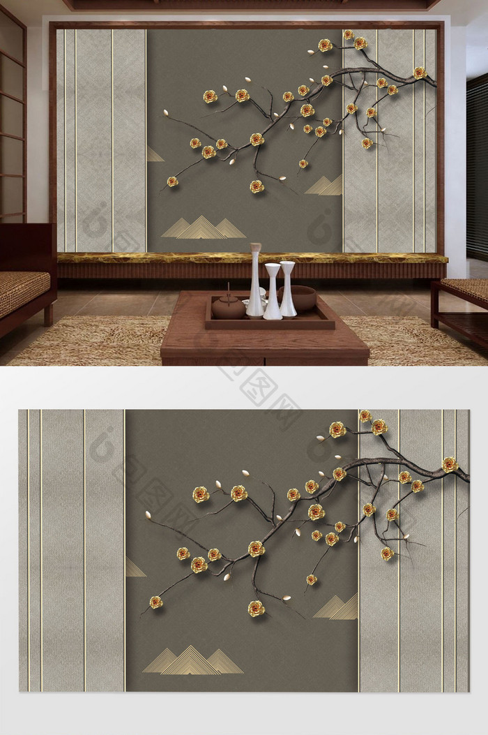 中式禅意抽象山峰花枝浮雕屏风式背景墙