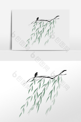 手绘水墨植物柳树插画图片
