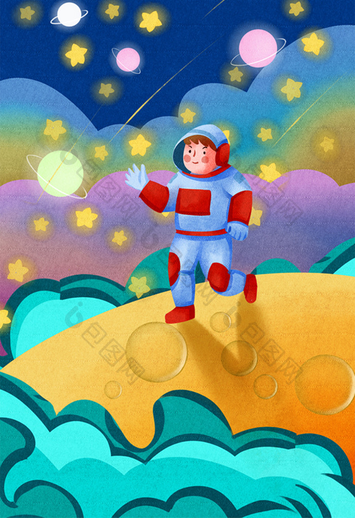 彩色航天日宇航员登月球插画