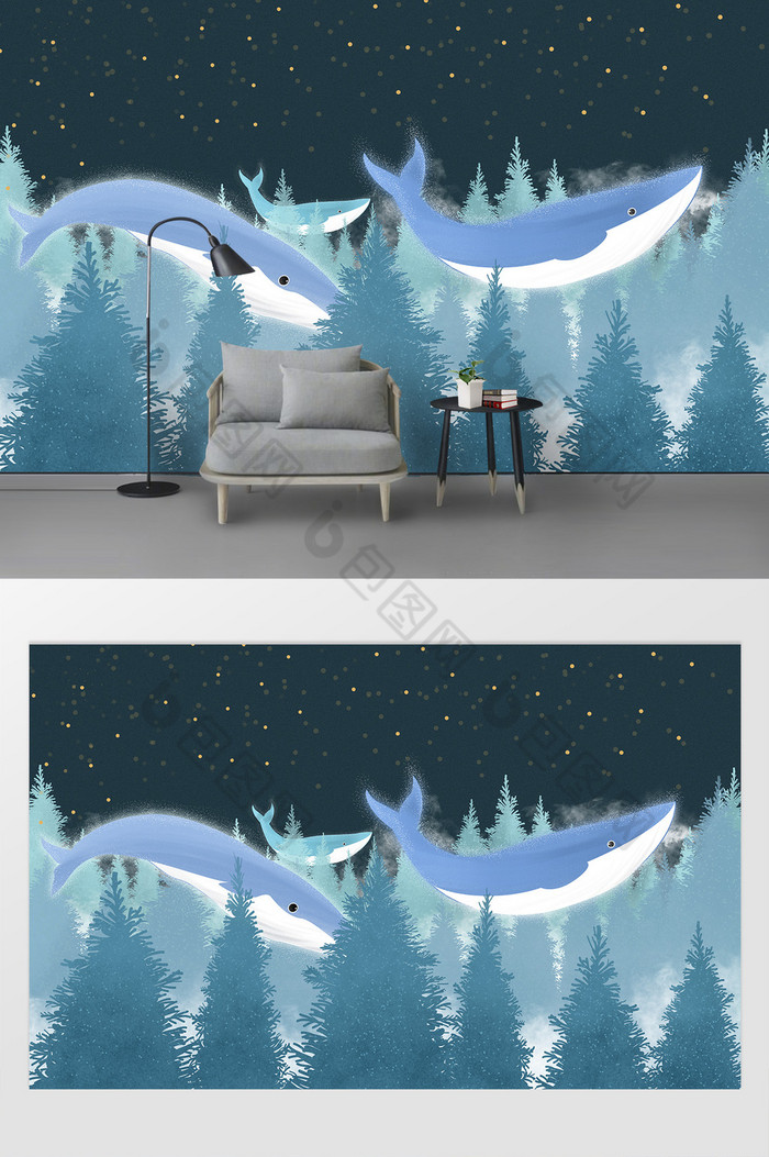 手绘插画梦幻鲸鱼树林梦幻儿童房电视背景墙图片图片