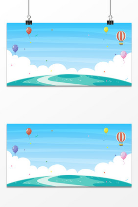 手绘卡通热气球旅行出游云彩假期背景