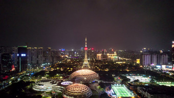 广东佛山岭南明珠体育馆佛山电视塔夜景航拍