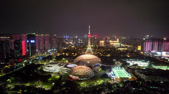 广东佛山岭南明珠体育馆佛山电视塔夜景航拍