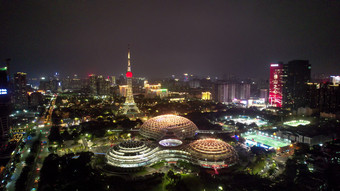 广东佛山岭南明珠体育馆佛山电视塔夜景航拍