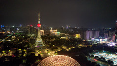 广东佛山岭南明珠体育馆佛山电视塔夜景航拍