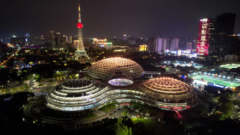 广东佛山岭南明珠体育馆佛山电视塔夜景航拍