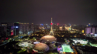 广东佛山岭南明珠体育馆佛山电视塔夜景航拍